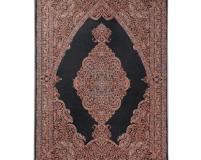 Prayer Rug – Black and Terracotta Persian Design with Fringes, Stylish Islamic Mat for Living Room, Guest Room or Entryway Décor