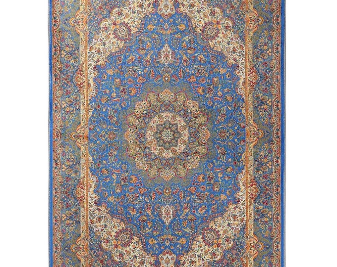Prayer Rug Blue Turkish Carpet – Luxury Islamic Gift for Mom Dad – Medallion Floral Area Rug Living Room Bedroom Custom Size 3x5 4x6 5x7 6x9