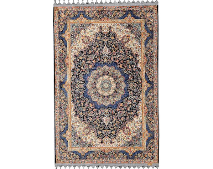 Prayer Rug -Navy Blue Floral Carpet – Turkish Area Rug with Medallion Design – Soft Non-Slip Floor Mat or Wall Hanging for Elegant Homes