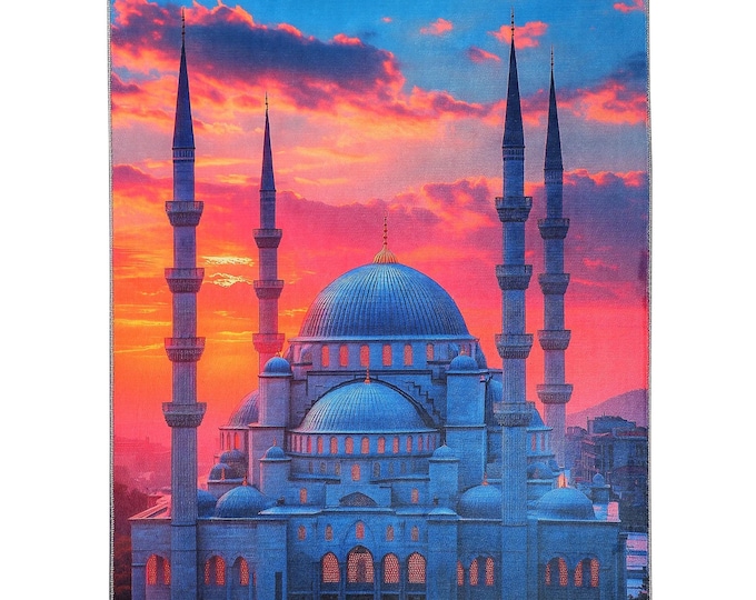 Prayer Rug – Blue Mosque Sunset View – Turkish Islamic Wall Hanging – Velvet Prayer Mat – Muslim Home Decor – Floor & Wall Carpet