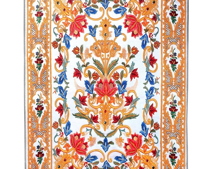 Prayer Rug – Soft Velvet Islamic Mat in Orange Blue White – 4x6 Size – Gift for Mom Dad – Bedroom Living Room Decor – Janamaz Wall Art