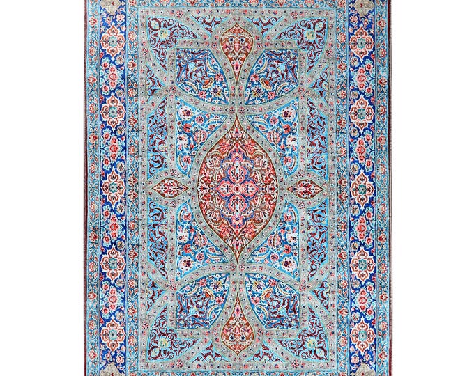 Prayer Rug – Persian Floral Pattern – Soft Blue Islamic Mat – Classic Muslim Carpet – Lightweight Decorative Rug – Non Slip Backing