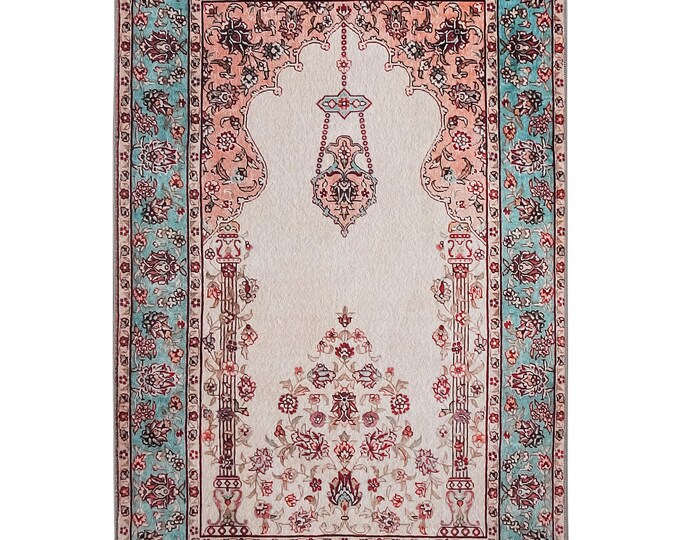 Prayer Rug, Green and Beige with Mihrab, Ottoman Inspired Design, Soft Silk-Touch, Non-Slip Cotton Base, Custom Size, Ideal Islamic Gift