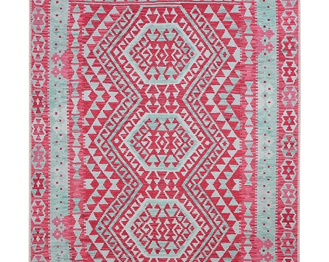 Kilim Rug: Red Turkish Geometric Flatweave 5X8 Area Carpet