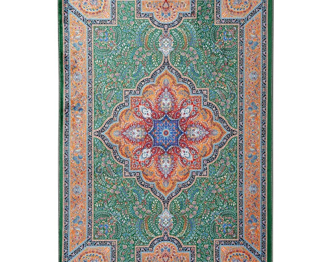 Prayer Rug – Green Floral Oriental Carpet with Orange and Blue Medallion – Turkish Islamic Mat for Wall, Floor, Living Room, Decor