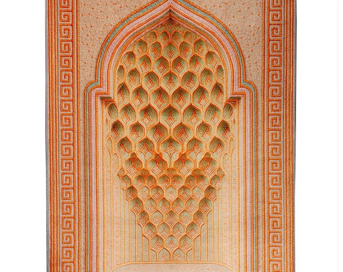 Prayer Rug Beige Orange Islamic Mat – Custom Size Soft Muslim Carpet & Wall Hanging Gift for Mom Dad Women Men Prayer Room Home Décor 5x7 ft