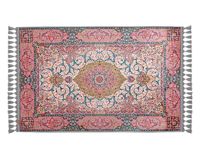 Prayer Rug – Pink Turkish Islamic Carpet with Floral Medallion – Soft Velvet-Like Mat for Women – Muslim Gift for Home, Hallway, Office