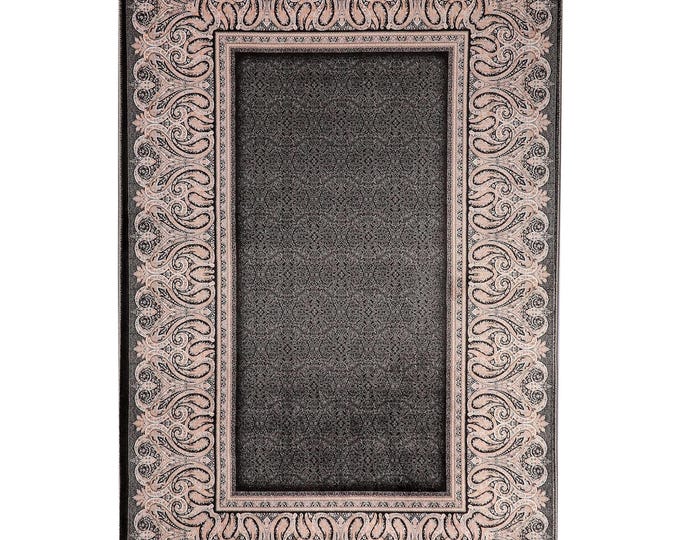 Prayer Rug Gray Pink Floral Border – Soft Islamic Carpet for Living Room Bedroom Entryway – Luxury Muslim Gift 5x7 6x9 10x12  ft Custom Size