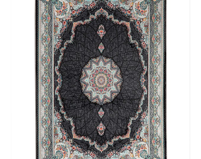 Prayer Rug – Black Floral Medallion – Soft Islamic Carpet – Classic Muslim Floor Mat – Non Slip Decorative Rug – Turkish Design