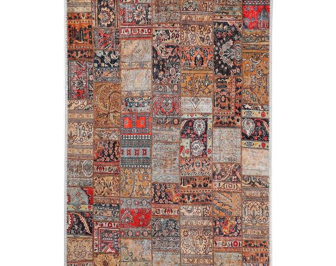 Patchwork Turkish Carpet – Vintage Colorful Area Rug for Living Room Bedroom Entryway – Custom Size Durable Home Decor Mat 5x7   12x15  8x8