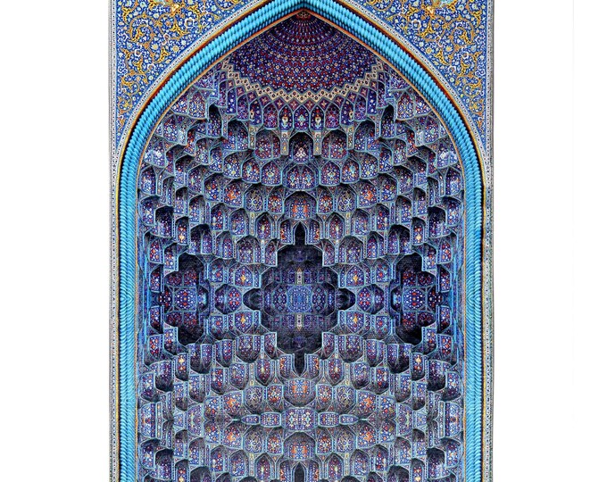 Prayer Rug – Deep Blue Mihrab with Persian Geometric Dome Pattern – Islamic Mat for Muslim Prayer – Gift for Him, Her, Dad, Mom