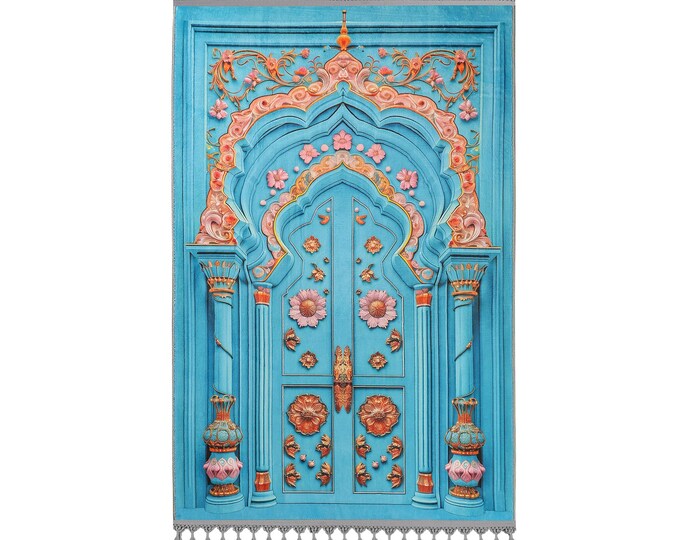 Prayer Rug – Turquoise Blue Floral Door Design – Turkish Prayer Mat with Soft Texture for Wall and Floor – Islamic Gift for Her or Him