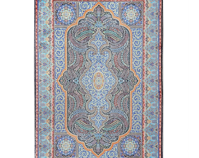 Turkish Prayer Rug Blue Floral Soft Floor Carpet – Luxury Islamic Mat for Prayer Room, Living Room, Entryway, Gift for Mom Dad 4x6  5x7 6x9