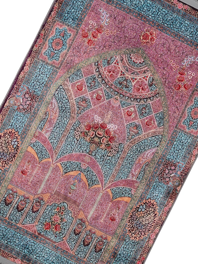 personalised Prayer Mat Pink Blue Floral Mihrab Silky Soft Gebetsteppich Muslim Prayer Rug image 5