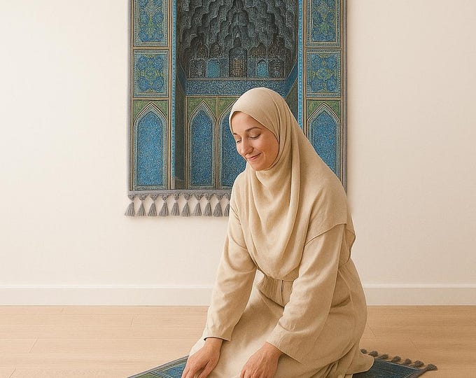 Prayer Rug – Turkish Mihrab Design in Blue and Gold – Islamic Prayer Mat for Wall and Floor – Elegant Soft Gift for Muslim Home Decor