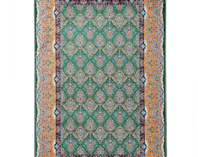 Prayer Rug Green Ottoman Floral Islamic Carpet – 7x10 ft Soft Mat for Living Room Bedroom Home Decor – Muslim Gift for Mom Dad Women Men