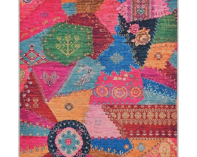 Turkish Patchwork Rug | Anatolian Style Carpet with Handcrafted Look | Modern Multicolor Print, Elegant & Durable Home Decor
