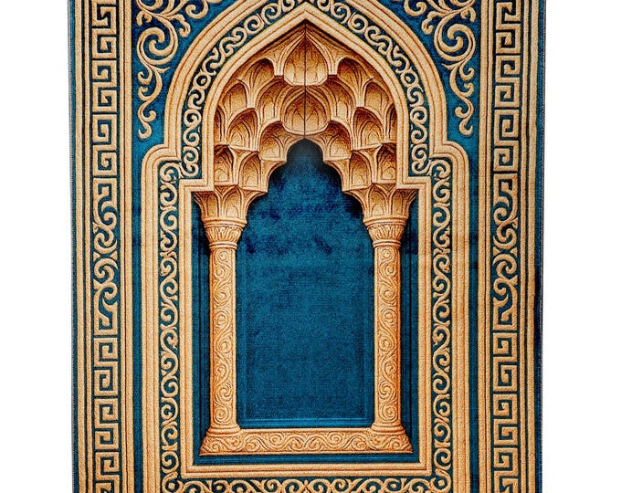 Prayer Rug – Deep Blue Islamic Mat with 3D Mihrab Design – Ottoman Style Turkish Prayer Mat  for Men – Muslim Gift – Wall Hanging Option