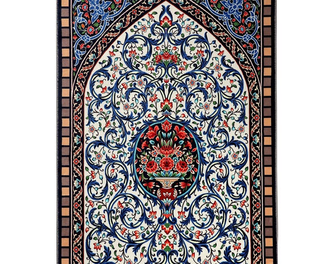Prayer Rug – Floral Mihrab Design with Blue and Red Details, Islamic Wall Hanging and Floor Mat for Elegant Prayer Room Décor