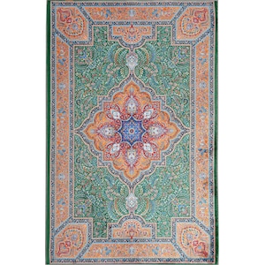 May include: Rectangular green rug with an intricate floral design in orange, blue, and red. The rug has a central medallion and detailed borders. Gray tassels adorn the top and bottom edges, adding a decorative touch. The rug is suitable for home decor.