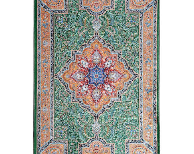 Prayer Rug Green Floral Medallion Turkish Carpet 4x6 6x9 8x10 ft – Soft Non Slip Islamic Rug Muslim Home Decor for Living Room Bedroom