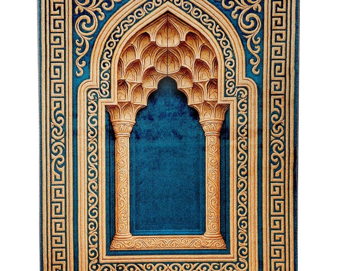 Prayer Rug Blue Mihrab Islamic Carpet – Soft Muslim Gift for Mom Dad Women Men – 3x5 ft Custom Size Elegant Home Decor Mat -4x6 ft 5x7 ft