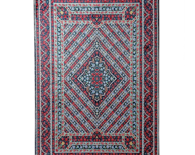 Prayer Rug – Red and Blue Geometric Mat – Silk-Feel Muslim Prayer Rug for Men and Women – Bedroom, Living Room and Entryway Decor