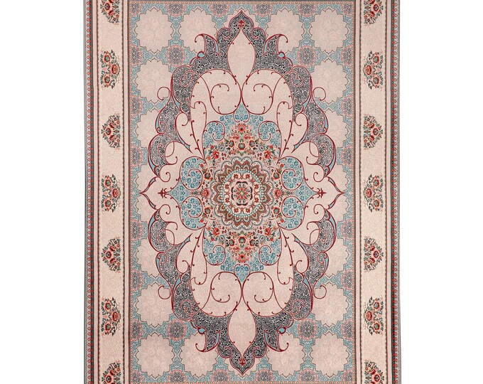 Prayer Rug – Classic Persian Style Wall and Floor Mat with Floral Medallion Design – Elegant Home Decor in Beige and Blue Tones