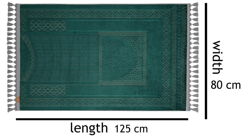 May include: A teal green prayer rug with intricate geometric patterns and tassels on the edges. The rug measures 125 inches long and 80 inches wide.