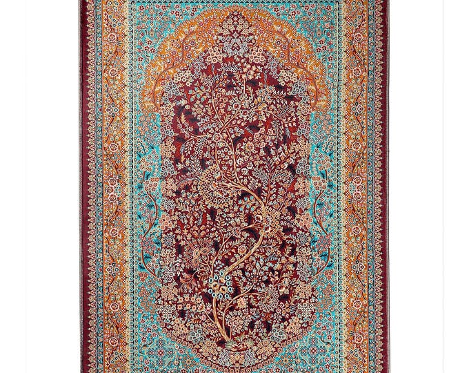 Prayer Rug – Red and Green Soft Floral Islamic Mat with Tassels – Persian Style Turkish Carpet – Ramadan or Eid Gift for Muslim Home