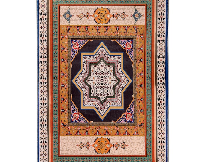 Prayer Rug Orange Brown Star – Custom Islamic Wall Tapestry Turkish Prayer Carpet Luxury Gift for Mom Dad Women Men Personalized Decor 5x7