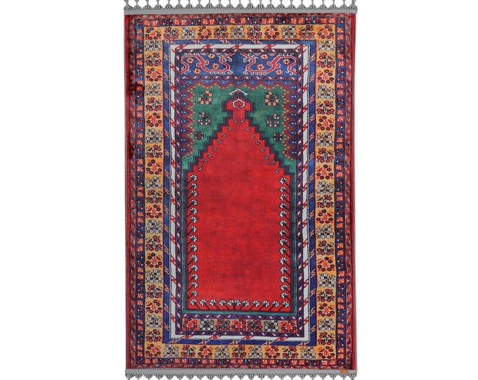Prayer Rug Turkish Classic | Elegant Red Seccade with Mihrab and Qibla Design | Islamic Gift for Him or Her | Hand-Woven Style Mat