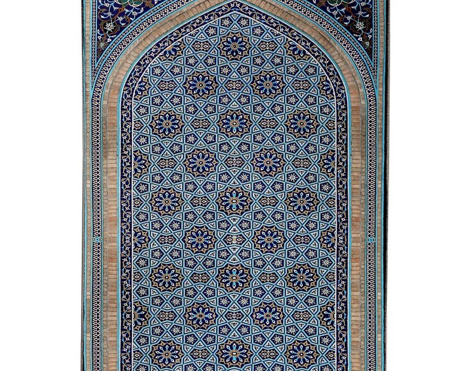 Prayer Rug Blue – Soft Non Slip Muslim Mat for Home & Prayer Room – Mihrab Islamic Design – Gift for Him Her Mom Dad – 3x5 4x6 5x7 ft
