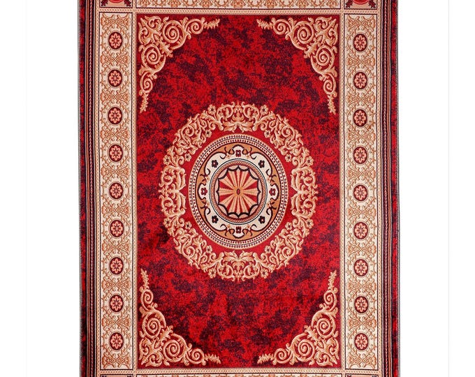 Prayer Rug Red Gold Turkish Carpet – Luxury Islamic Rug for Living Room Bedroom Entryway – Muslim Gift Home Decor 5x7 5x8 6x9 7x10 8x8 4x6
