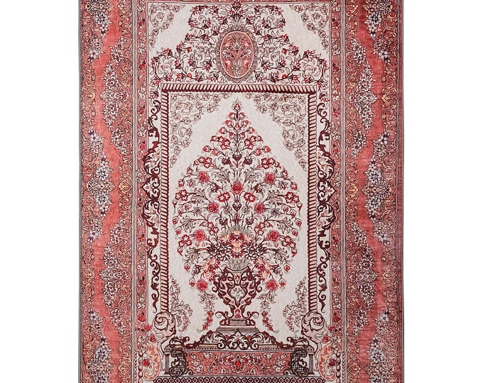 Prayer Rug – Beige Red Floral Mihrab – Soft Turkish Mat – 3x5 4x6 ft – Islamic Home Decor – Gift for Mom, Dad, Spouse, Prayer Room Use