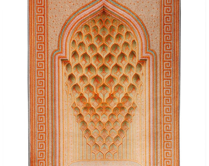 Prayer Rug – Beige and Orange Islamic Mat with Mihrab Design – Soft Muslim Gift for Women – Wall Hanging Option – Ideal for Prayer Room