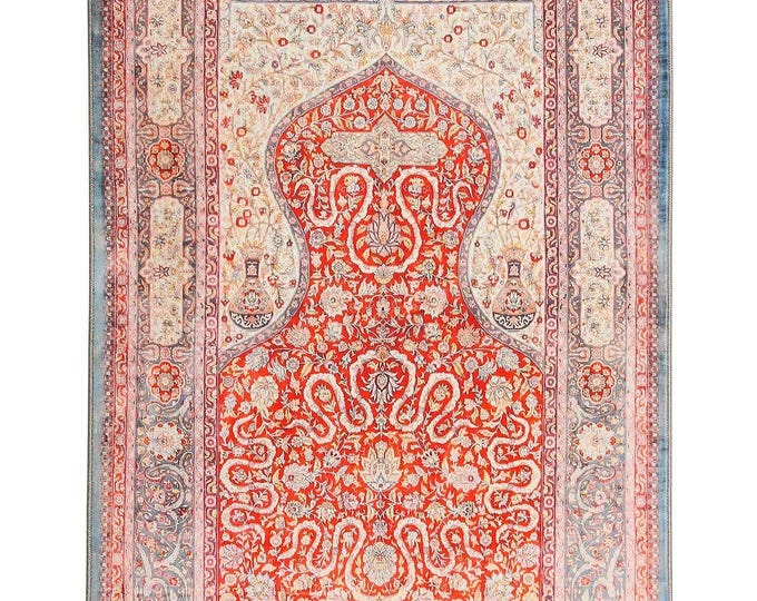 Prayer Rug Red Mihrab Design –Turkish Islamic Soft Mat for Muslim Home Decor – Luxury  Prayer Room Carpet 3x5 4x6 5x7  Custom Size Available
