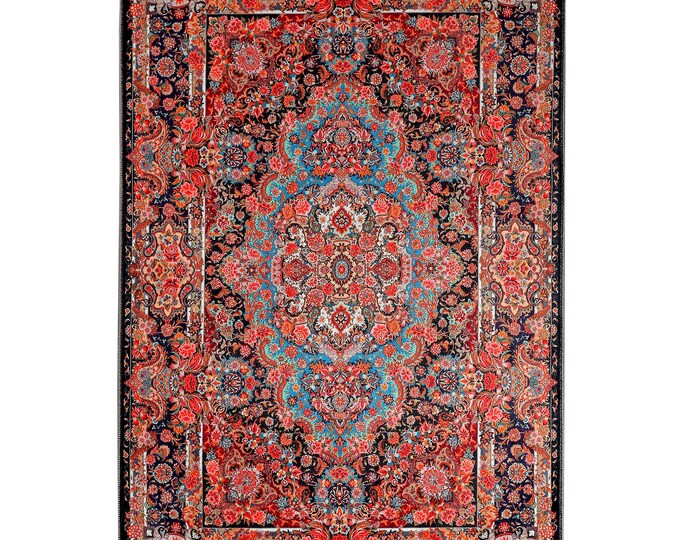 Prayer Rug – Red and Blue Persian Floral Design with Tassels, Islamic Wall Hanging and Floor Mat for Living Room Décor