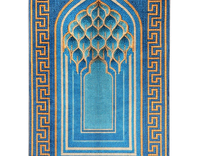 Prayer Rug Blue Golden Islamic Mat – Custom Size Soft Muslim Carpet & Wall Hanging Gift for Mom Dad Women Men Prayer Room Home Décor 5x7 ft