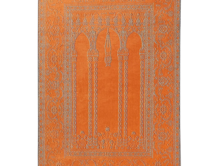 Prayer Rug – Soft Ottoman Motif Mat in Orange Tones | Luxury Non-Slip Islamic Prayer Carpet | Muslim Home Decor & Gift for Daily Use