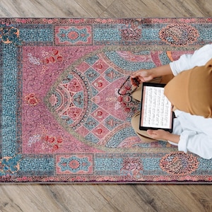 personalised Prayer Mat Pink Blue Floral Mihrab Silky Soft Gebetsteppich Muslim Prayer Rug image 4