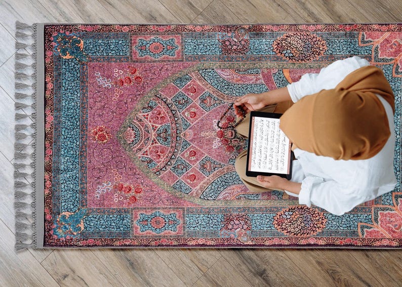 personalised Prayer Mat Pink Blue Floral Mihrab Silky Soft Gebetsteppich Muslim Prayer Rug image 4