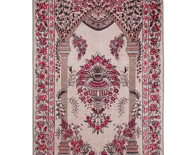 Beige Red Floral Mihrab Prayer Rug – Soft Turkish Islamic Mat – 3x5 ft, 4x6  Customizable Gift for Mom Dad Spouse Muslim