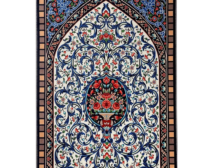 Prayer Rug Red Blue Floral Mihrab – Custom Islamic Wall Tapestry Turkish Prayer Carpet Personalized Gift for Mom Dad Women Men 4x6 ft