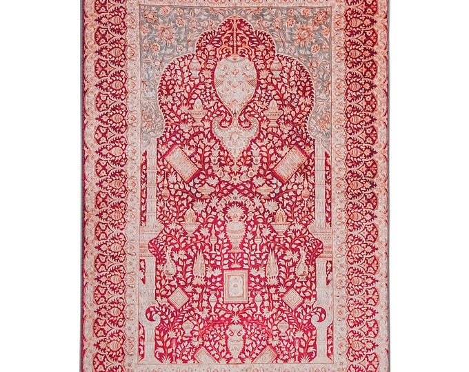 Red Floral Prayer Rug – Soft Non-Slip Muslim Mat for Women & Men – Islamic Gift for Home, Wall Hanging or Prayer Room Carpet