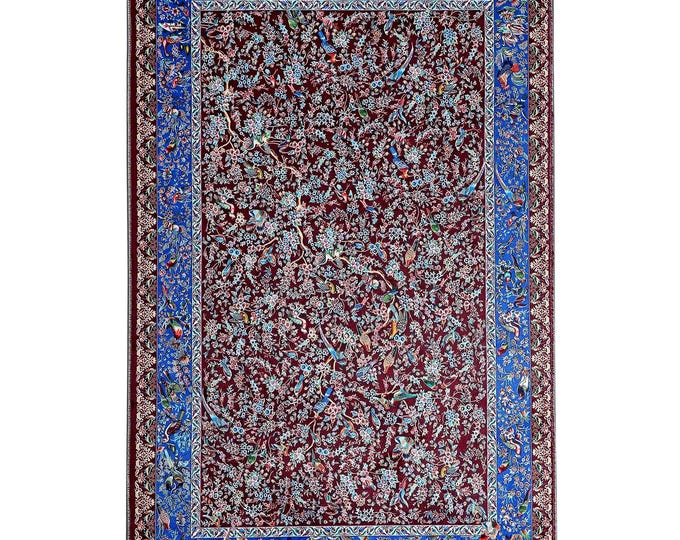 Prayer Rug Burgundy Blue Floral – Turkish Area Carpet Wall Hanging Custom Size for Living Room Bedroom Office Meditation Decor 3x5 4x6 5x7