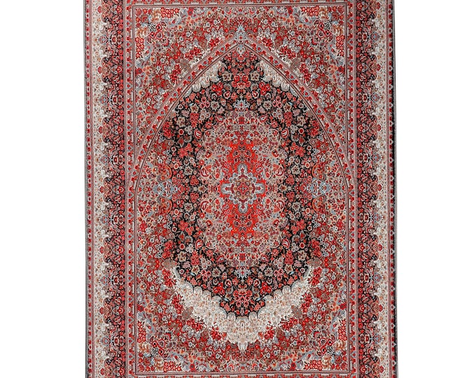 Prayer Rug – Red Floral Mihrab Design with Grey Tassels – Soft Velvet Islamic Mat for Wall or Floor – Muslim Gift for Home Décor