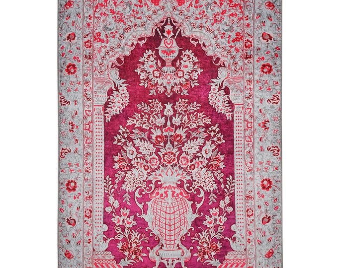 Prayer Rug – Pink Floral Vase Mihrab – Soft Velvet Islamic Prayer Mat – Muslim Gift for Men, Women, Mom, Dad – Personalized Mat
