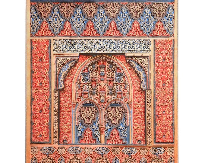 Prayer Rug – Andalusian Red & Blue Islamic Carpet – Turkish Velvet Seccade with Mihrab Arch – Decorative Mat for Prayer Room or Home Decor