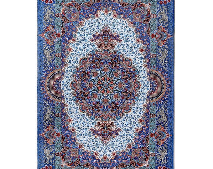 Prayer Rug –Turkish Rug – Blue and Ivory Floral Medallion Carpet – Oriental Area Rug for Living Room, Bedroom, Office, Prayer Room, Entryway